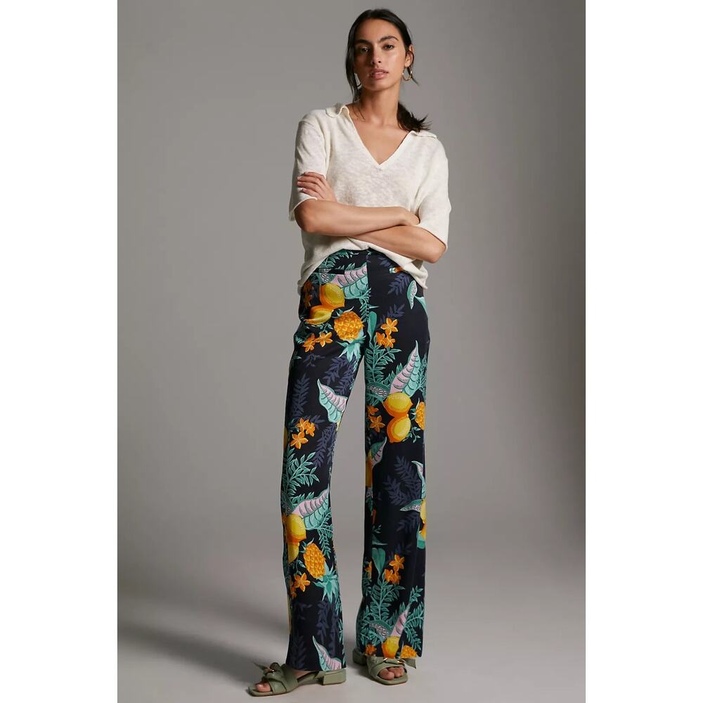 Anthropologie Maeve Green Black Lemons Escaped Printed Pants US 2